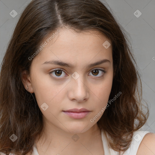 Neutral white young-adult female with medium  brown hair and brown eyes