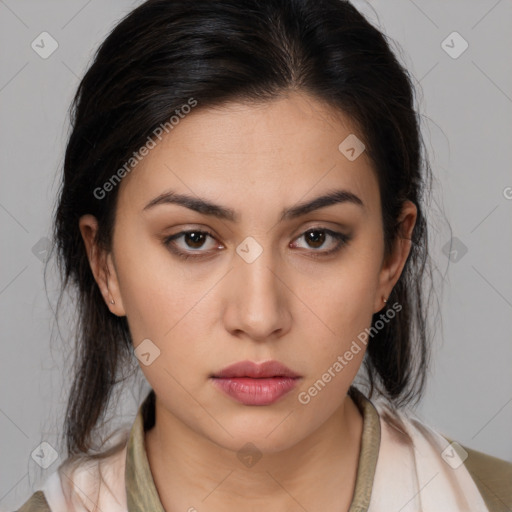 Neutral white young-adult female with medium  brown hair and brown eyes