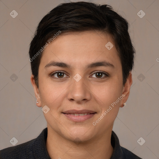 Joyful white young-adult female with short  brown hair and brown eyes