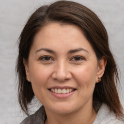 Joyful white adult female with medium  brown hair and brown eyes