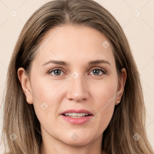 Joyful white young-adult female with long  brown hair and grey eyes