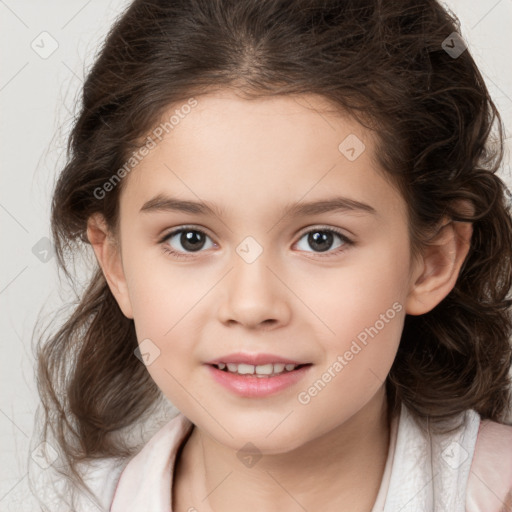 Joyful white child female with medium  brown hair and brown eyes