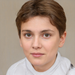 Neutral white young-adult female with short  brown hair and brown eyes