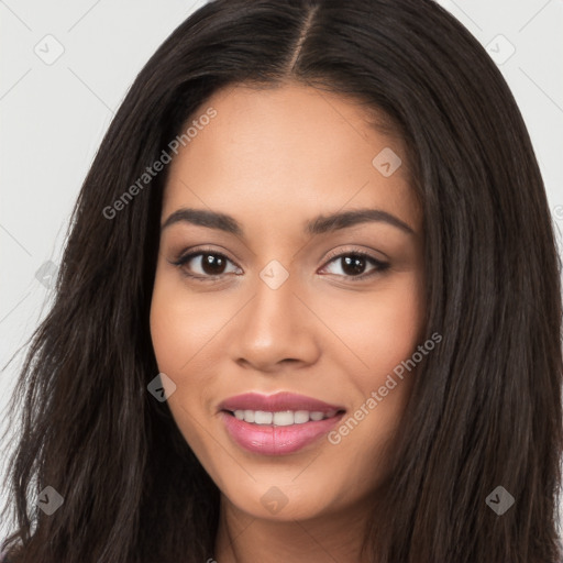 Joyful white young-adult female with long  black hair and brown eyes