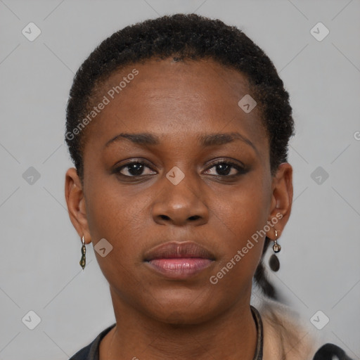 Neutral black young-adult female with short  brown hair and brown eyes