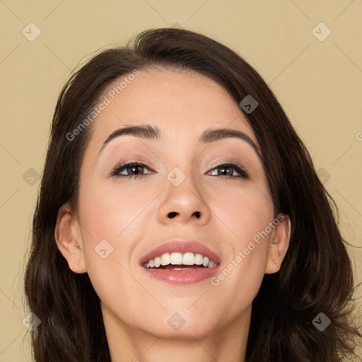 Joyful white young-adult female with medium  brown hair and brown eyes