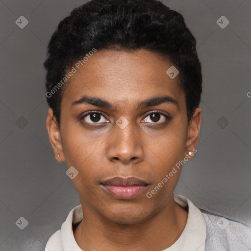 Neutral black young-adult male with short  black hair and brown eyes