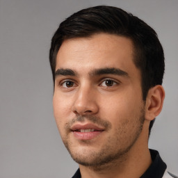 Neutral white young-adult male with short  black hair and brown eyes