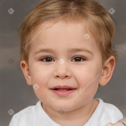 Joyful white child female with short  brown hair and brown eyes