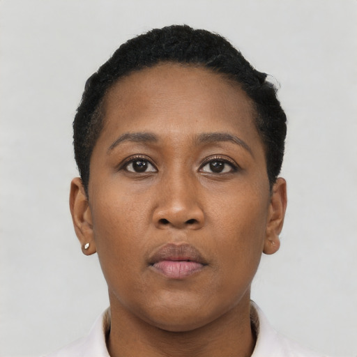 Neutral black young-adult female with short  brown hair and brown eyes