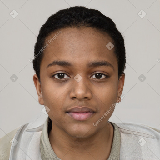 Neutral black young-adult female with short  black hair and brown eyes