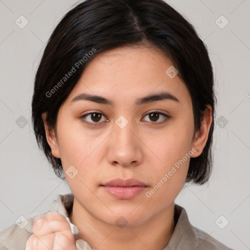 Neutral white young-adult female with medium  brown hair and brown eyes