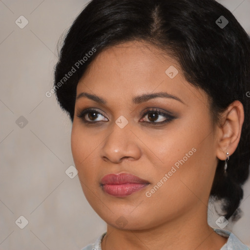 Joyful asian young-adult female with medium  brown hair and brown eyes