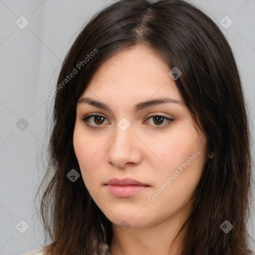 Neutral white young-adult female with long  brown hair and brown eyes