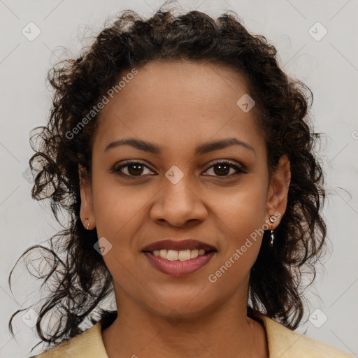 Joyful black young-adult female with medium  brown hair and brown eyes