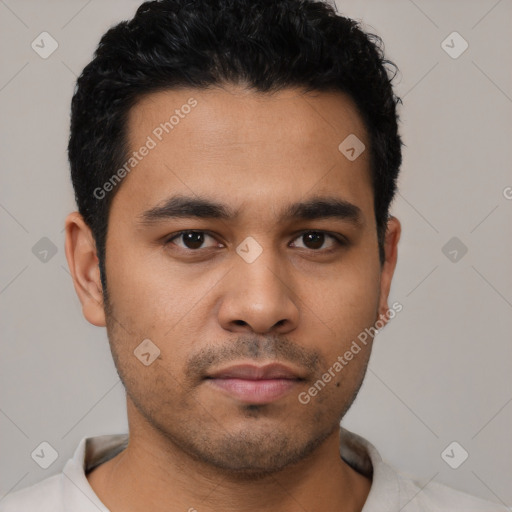 Neutral latino young-adult male with short  black hair and brown eyes