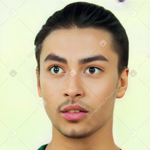 Neutral latino young-adult male with short  black hair and brown eyes