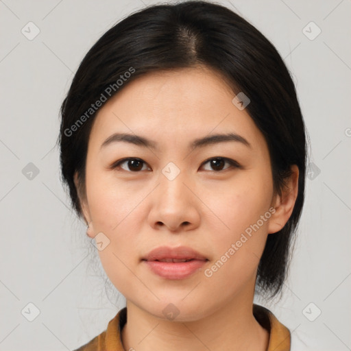 Neutral asian young-adult female with medium  brown hair and brown eyes