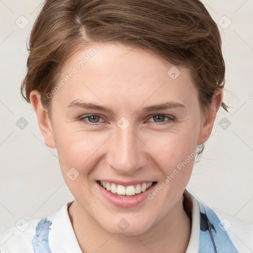 Joyful white young-adult female with medium  brown hair and blue eyes