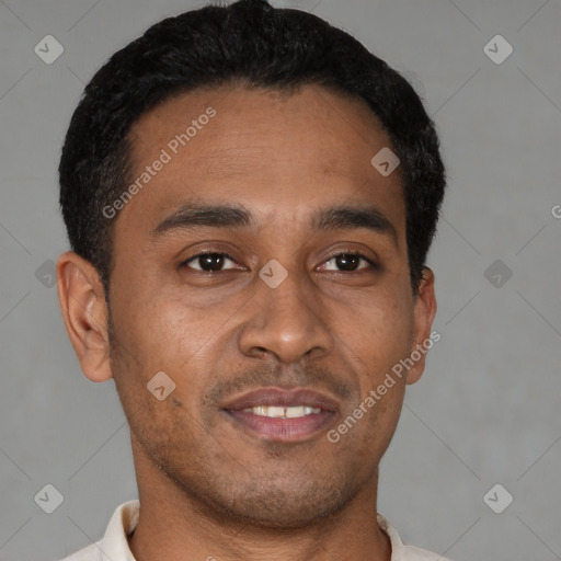 Neutral latino young-adult male with short  brown hair and brown eyes