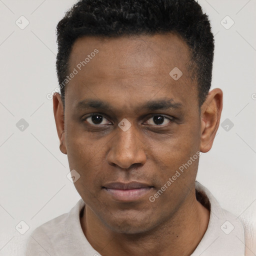 Neutral black young-adult male with short  black hair and brown eyes