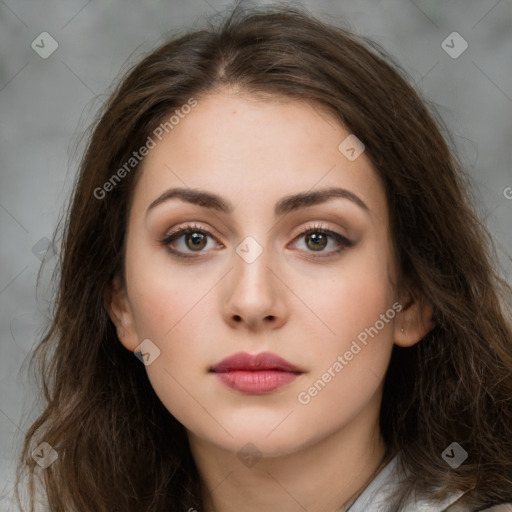 Neutral white young-adult female with long  brown hair and brown eyes