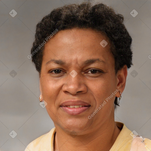 Joyful black adult female with short  brown hair and brown eyes