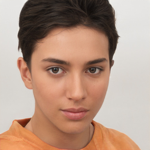 Neutral white young-adult female with short  brown hair and brown eyes