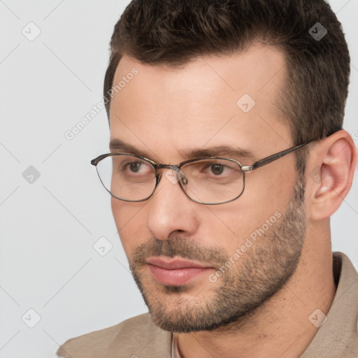 Neutral white young-adult male with short  brown hair and brown eyes