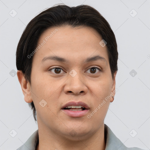 Joyful white young-adult female with short  brown hair and brown eyes