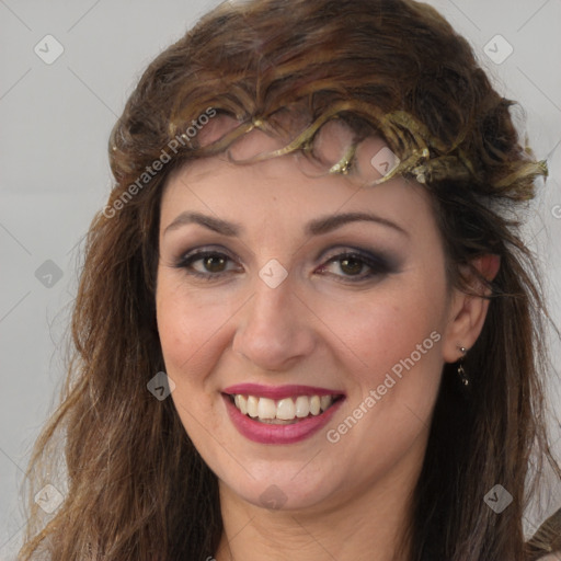 Joyful white adult female with long  brown hair and brown eyes