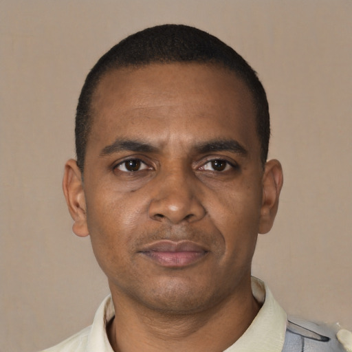 Neutral black young-adult male with short  black hair and brown eyes
