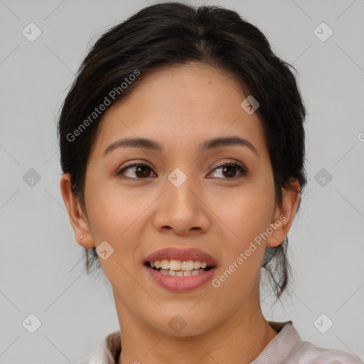 Joyful white young-adult female with medium  brown hair and brown eyes