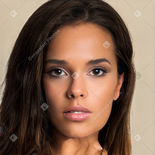 Neutral white young-adult female with long  brown hair and brown eyes