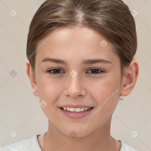 Joyful white child female with short  brown hair and brown eyes