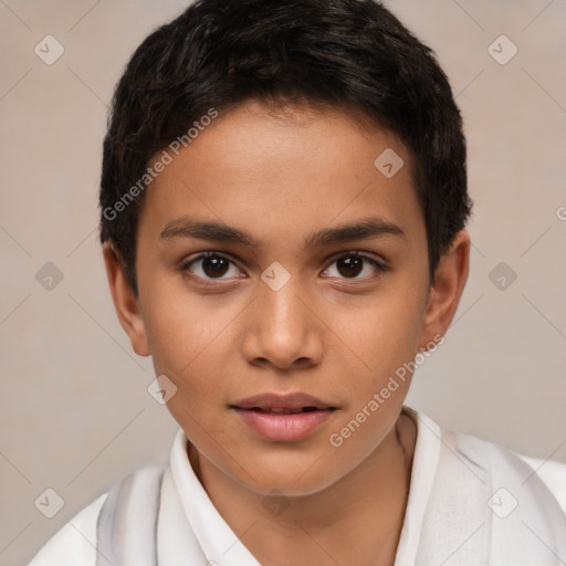 Joyful white child male with short  brown hair and brown eyes