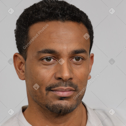 Neutral black young-adult male with short  black hair and brown eyes