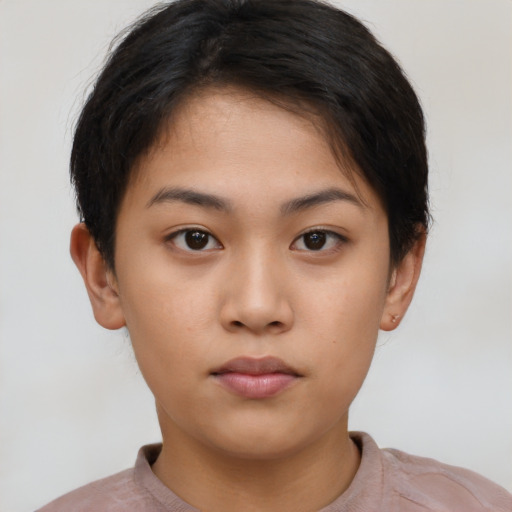 Neutral asian young-adult female with short  brown hair and brown eyes