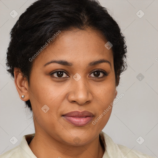 Joyful latino young-adult female with short  brown hair and brown eyes