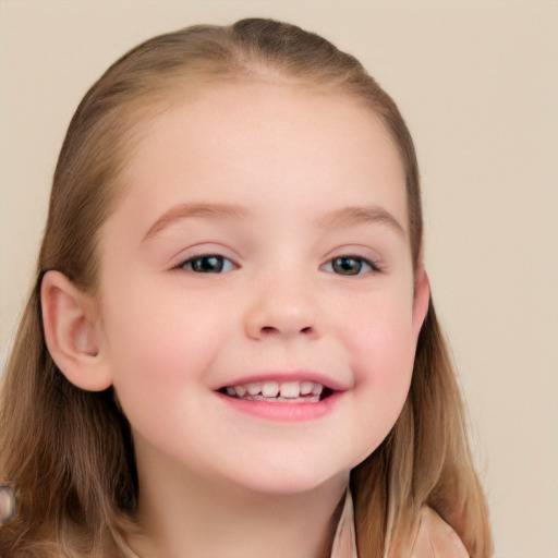 Joyful white child female with long  brown hair and grey eyes