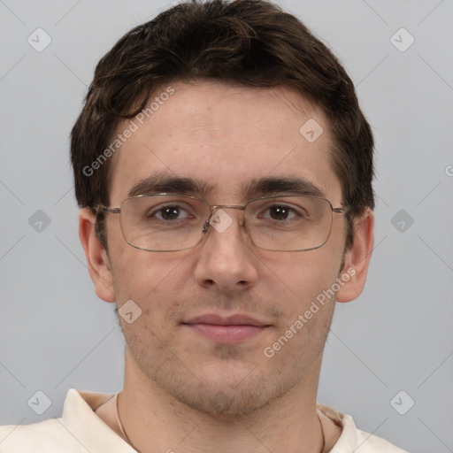 Neutral white adult male with short  brown hair and brown eyes