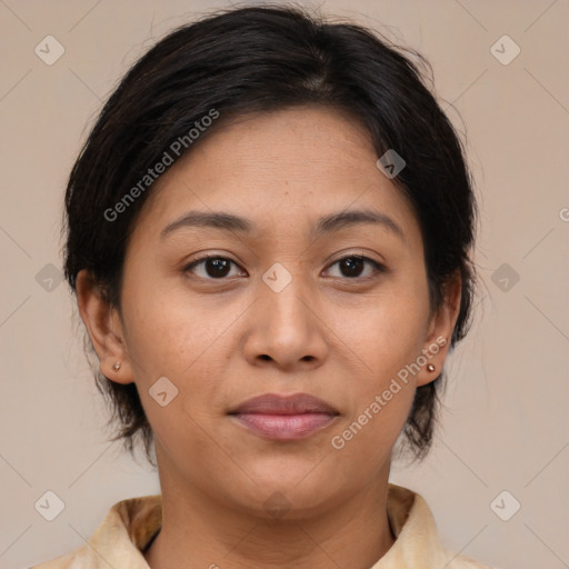 Joyful latino young-adult female with medium  brown hair and brown eyes