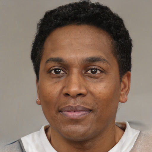 Neutral black adult male with short  black hair and brown eyes