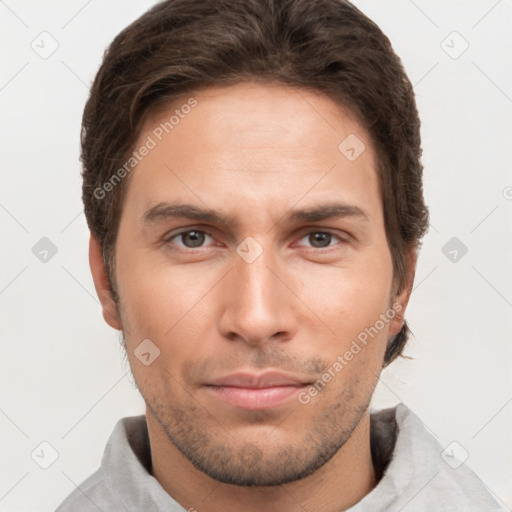 Neutral white young-adult male with short  brown hair and brown eyes