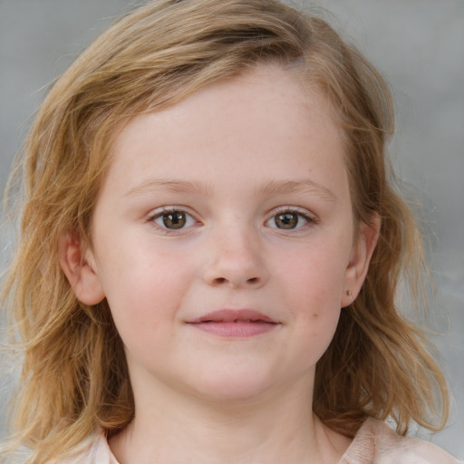 Neutral white child female with medium  brown hair and blue eyes