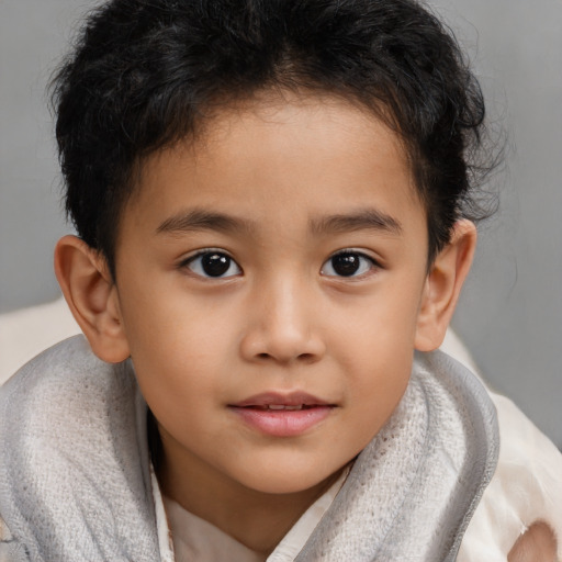 Joyful asian child male with short  brown hair and brown eyes