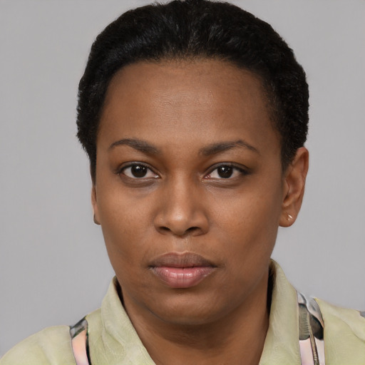 Neutral black young-adult female with short  black hair and brown eyes