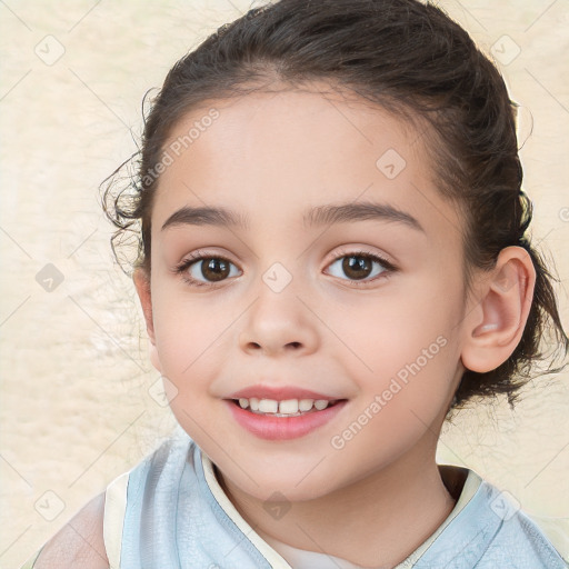 Joyful white child female with medium  brown hair and brown eyes