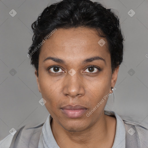 Neutral black young-adult female with short  black hair and brown eyes