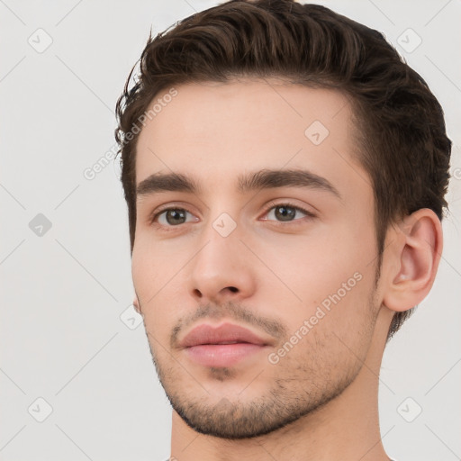 Neutral white young-adult male with short  brown hair and brown eyes